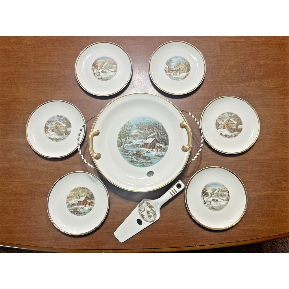 Vtg Gold Currier‎ & Ives Porcelain Cake Dessert Plate 6 Cake Plates Rack Server